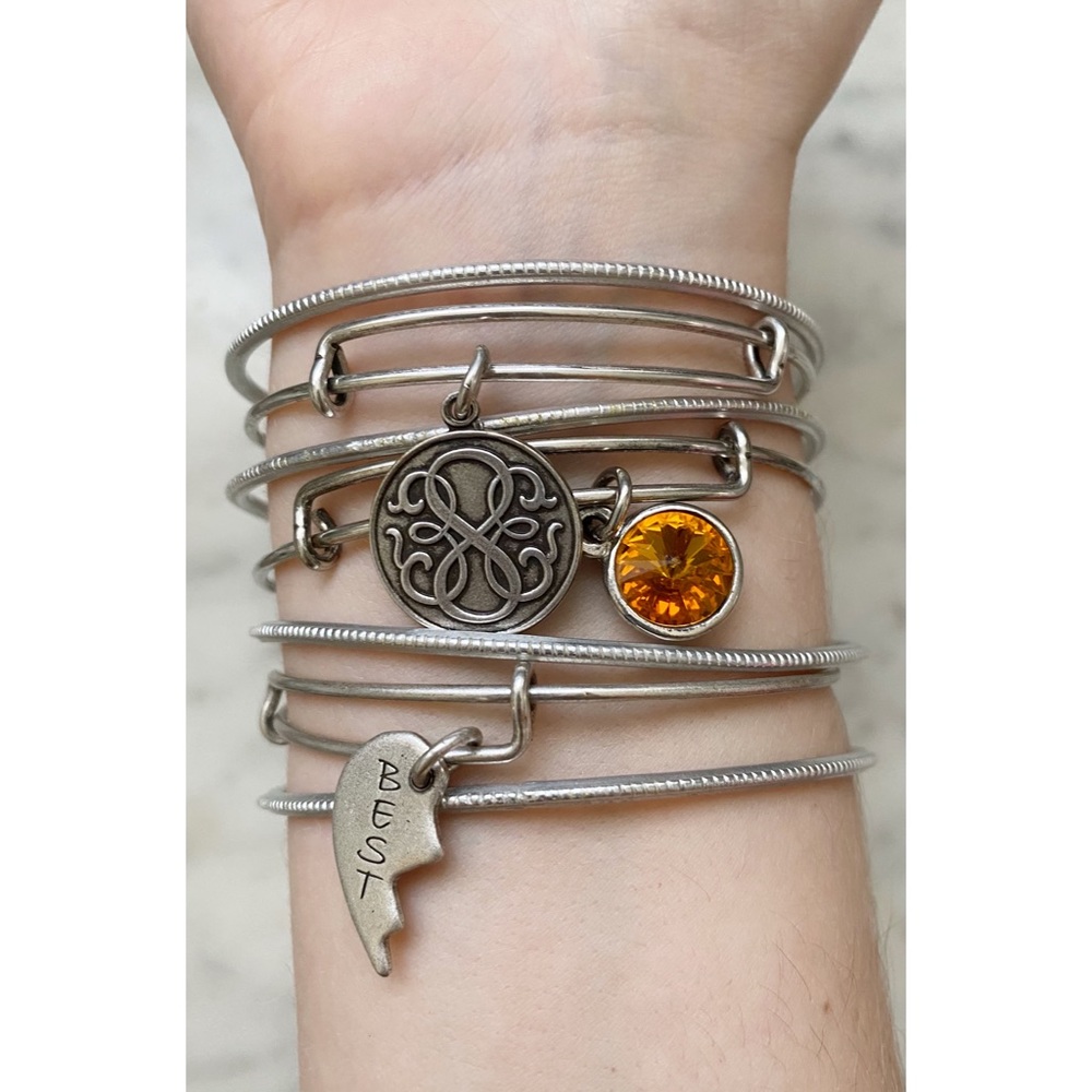 Alex and Ani Silver Multi-Row Bracelet with Amber Charm